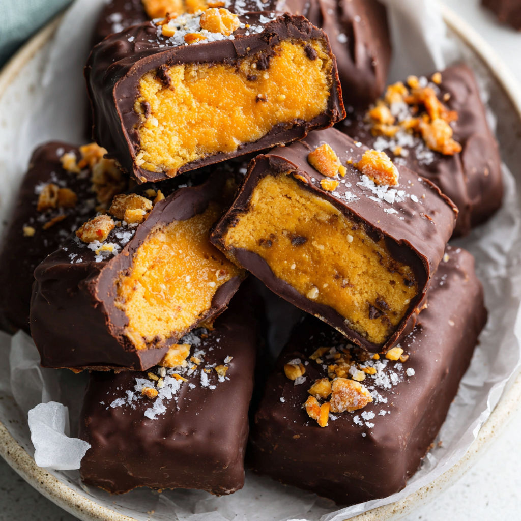 A plate of chocolate desserts with nuts on top.