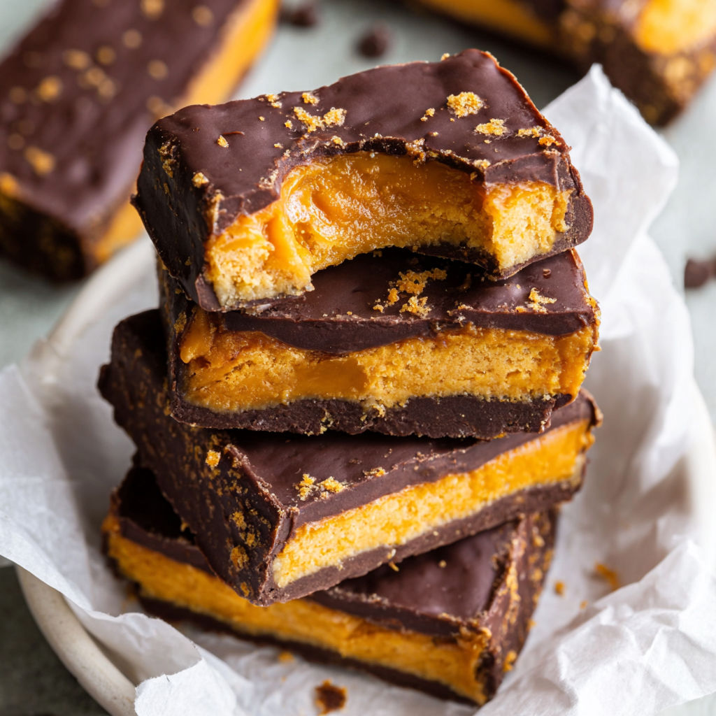 A stack of chocolate and caramel bars.
