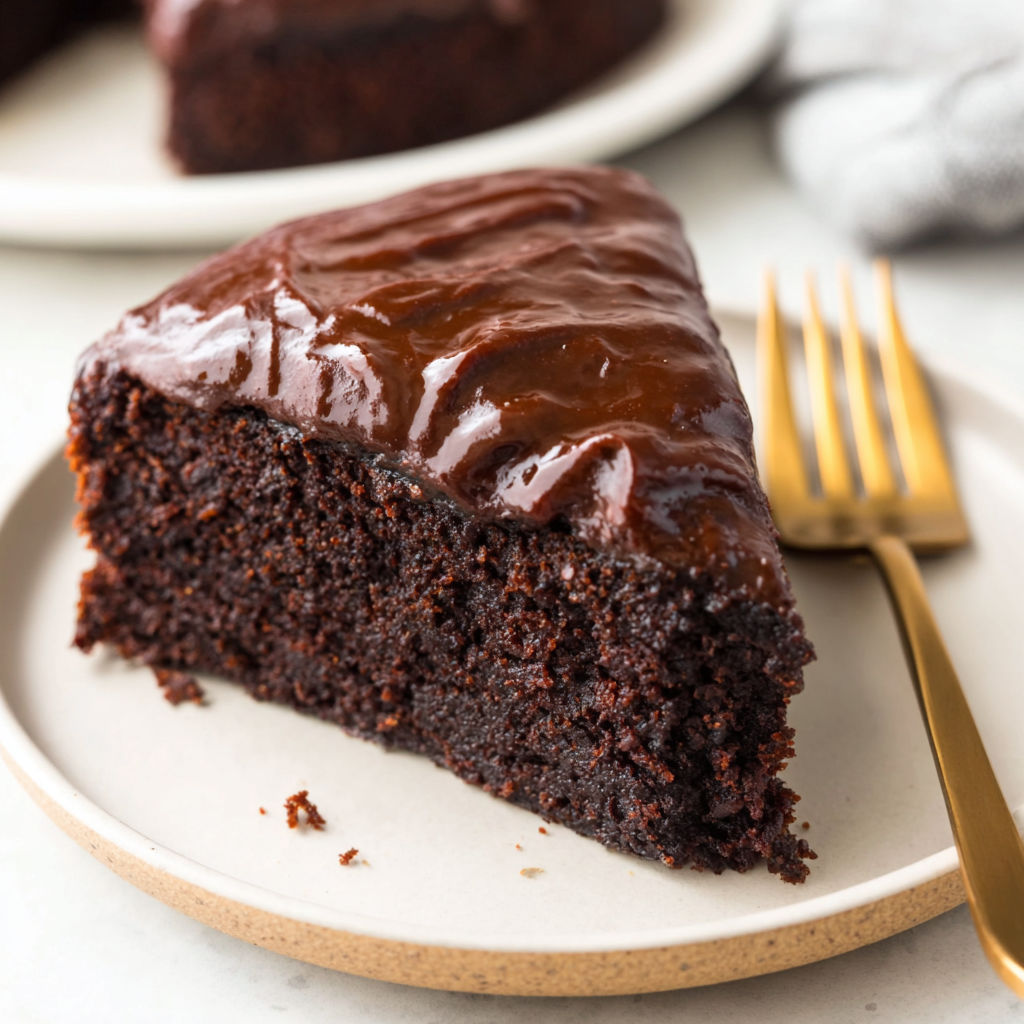 A slice of chocolate cake on a plate.