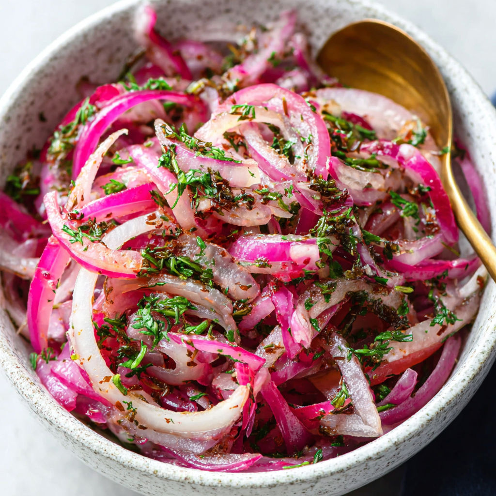 A bowl of onions with herbs.