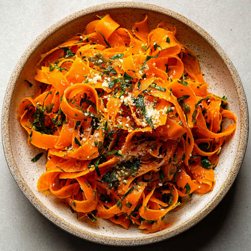 A bowl of pasta with orange sauce and green toppings.