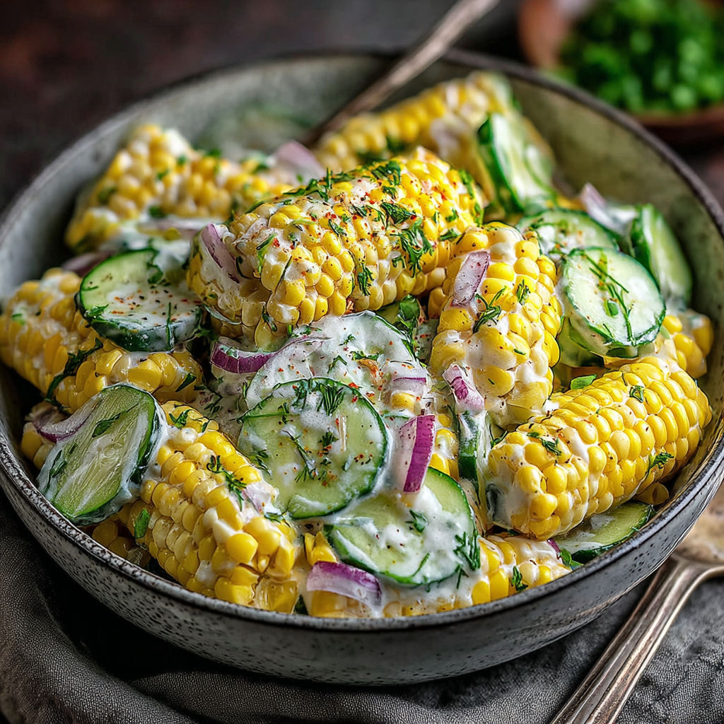 A bowl of corn and cucumbers with a spoon in it.