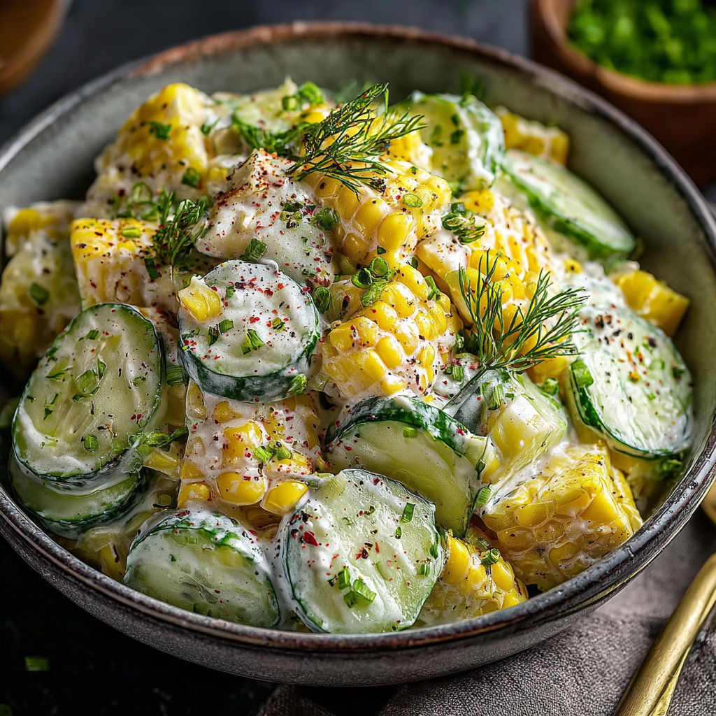 A bowl of food with corn and cucumbers.