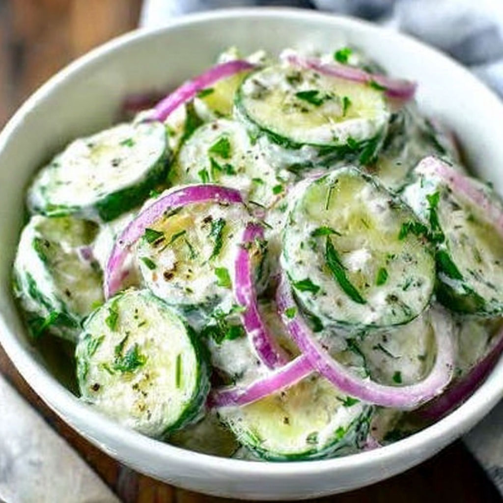 A bowl of cucumber salad with onions and herbs.