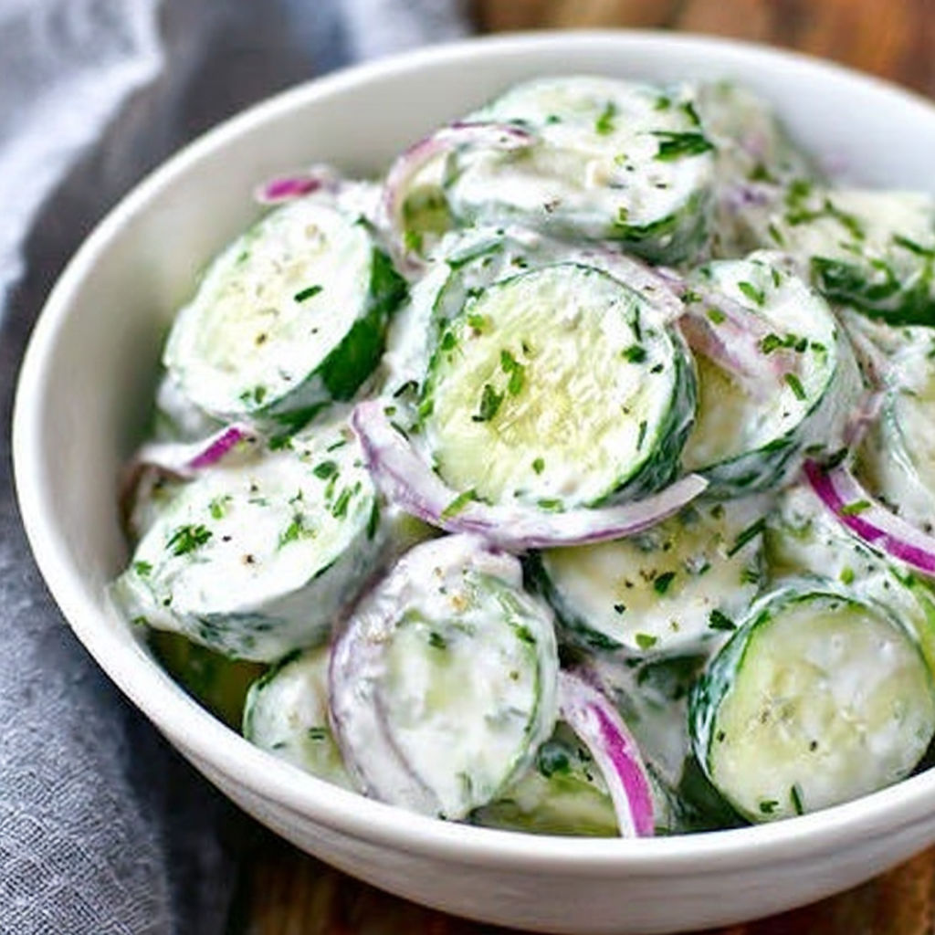 A bowl of cucumbers with onions and herbs.