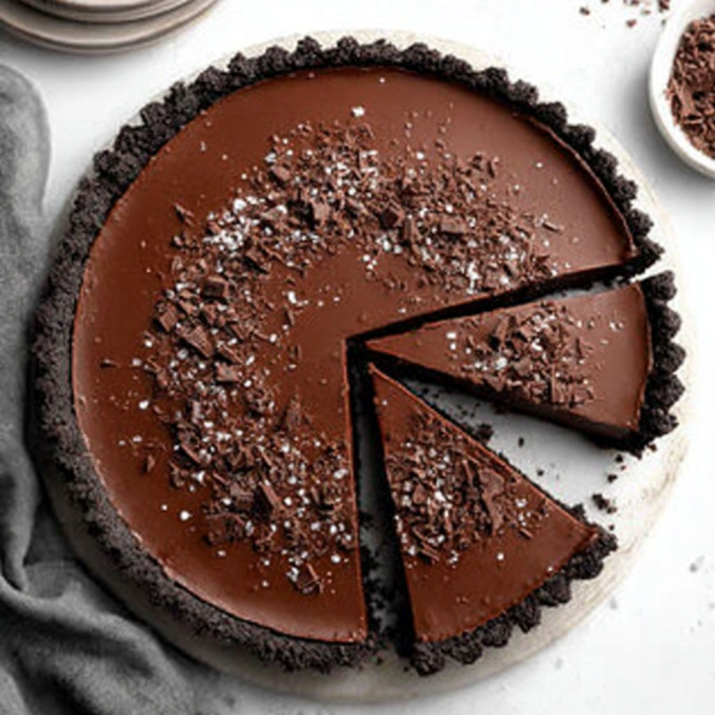 A slice of chocolate pie on a plate.