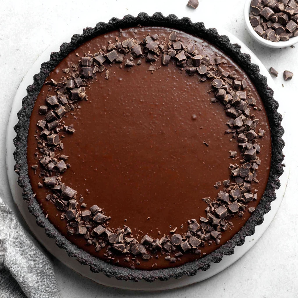 A chocolate cake with chocolate chips.