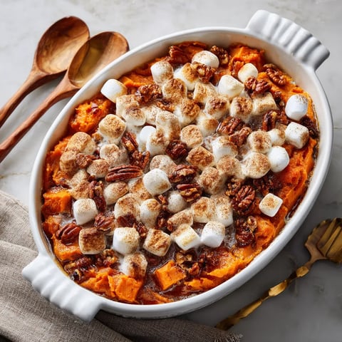 A bowl of food with marshmallows and pecans.