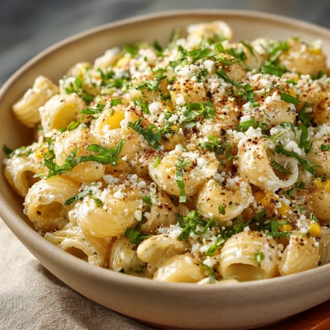 A bowl of pasta with cheese and herbs.
