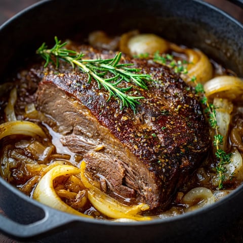 A pot of meat with onions and herbs.