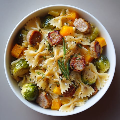 A bowl of pasta with sausage and vegetables.