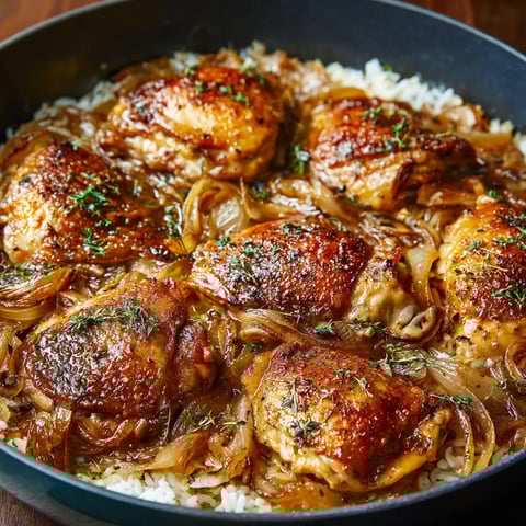 A plate of chicken with rice and onions.