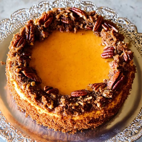 A cake with pecans on top.
