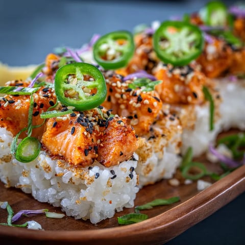 A plate of sushi with jalapenos on top.