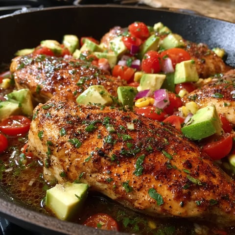 A pan of food with chicken, tomatoes, and avocado.