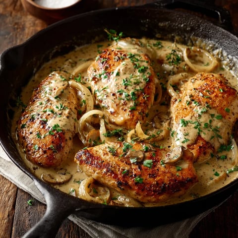 A pan of chicken with onions and mushrooms.
