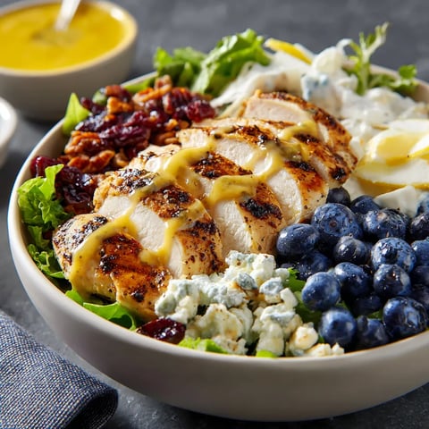 A bowl of food with chicken, blueberries, and cheese.