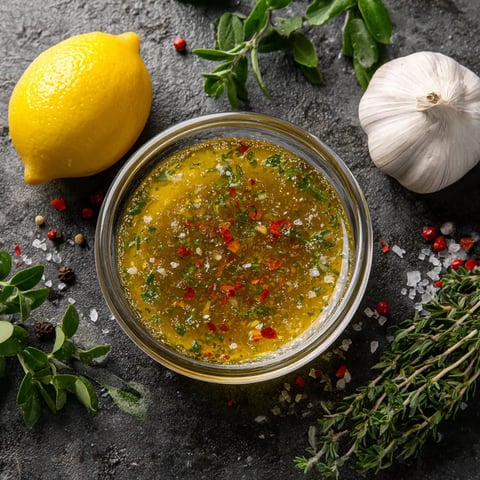 A glass of sauce with a lemon and some spices.