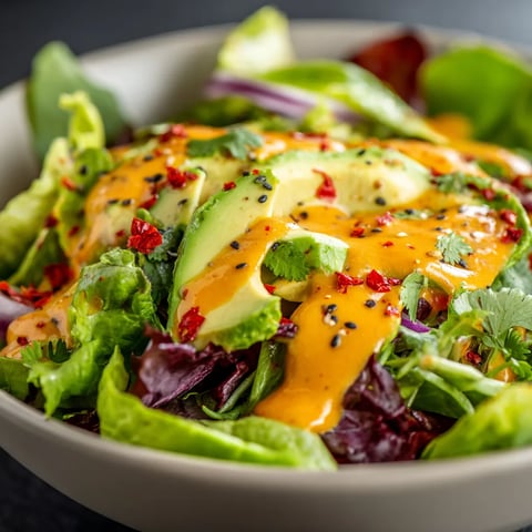 A bowl of salad with a dressing.