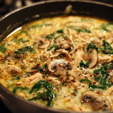 A bowl of soup with mushrooms and chicken.