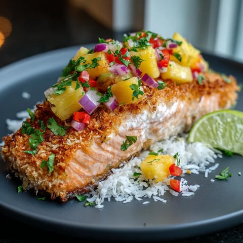 A plate of food with a salmon fillet and pineapple.