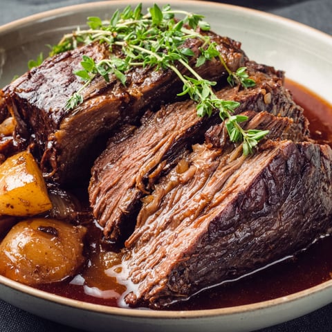 A plate of beef with herbs and vegetables.