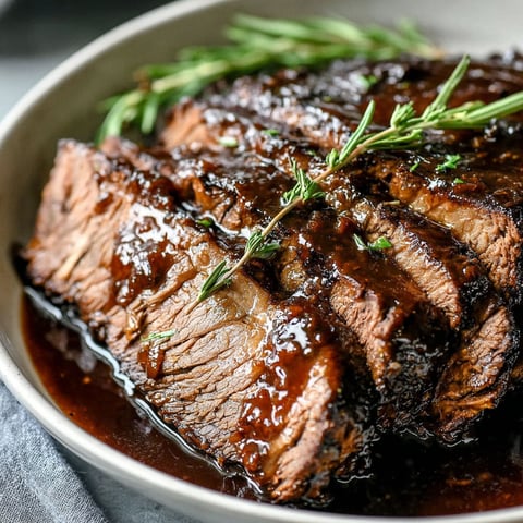 A bowl of beef stew with herbs.