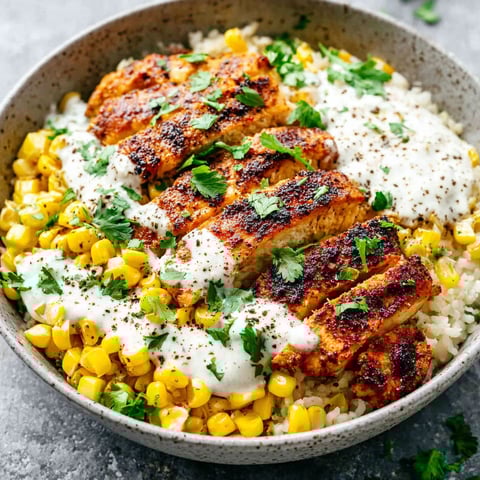 A bowl of rice with chicken and corn.
