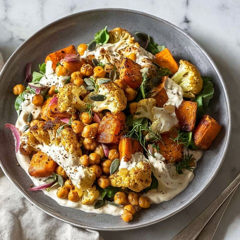 A bowl of vegetables with a white sauce.