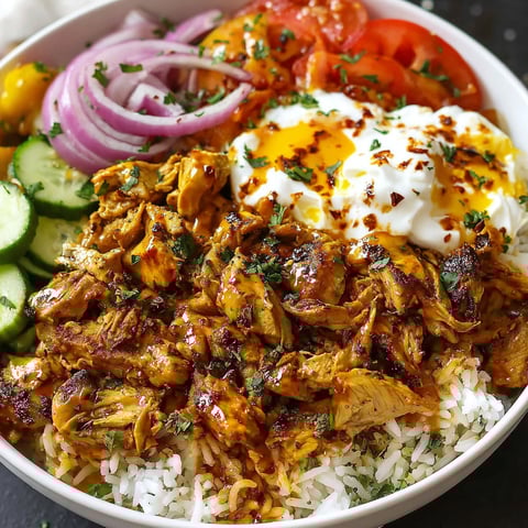 A bowl of food with rice, meat, tomatoes, onions, and eggs.