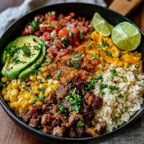 A bowl of food with rice, meat, and vegetables.