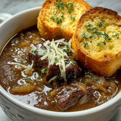 A bowl of soup with a slice of bread on top.