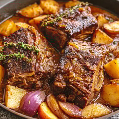 A pot of beef and potatoes.
