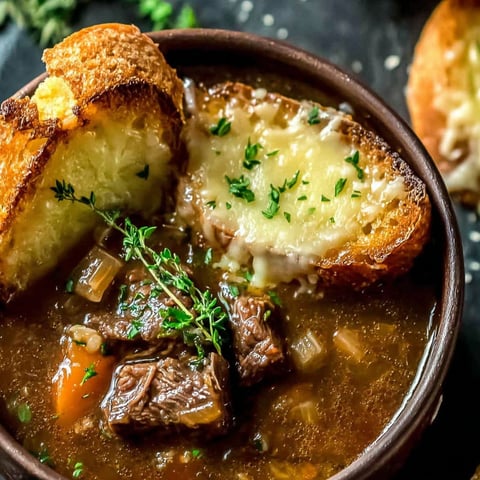 A bowl of soup with bread and cheese.