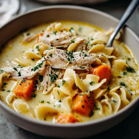 A bowl of soup with chicken and carrots.
