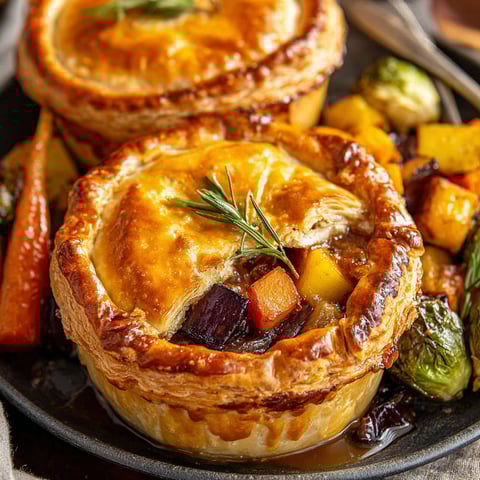 Two pies with vegetables and herbs on top.