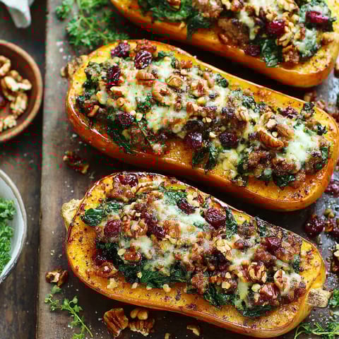 A recipe for stuffed squash with cheese and nuts.