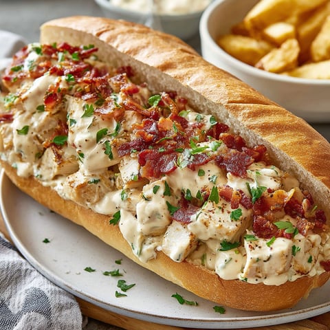 A sandwich with bacon and chicken on a bun.