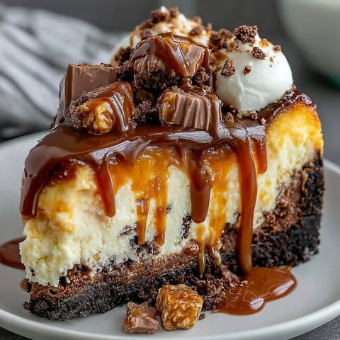 A slice of cheesecake with caramel drizzled on top.