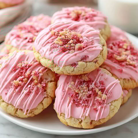 A plate of pink cookies with white frosting.