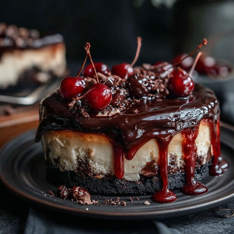 A slice of cake with chocolate and cherries.
