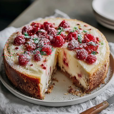 A slice of cake with raspberries on top.
