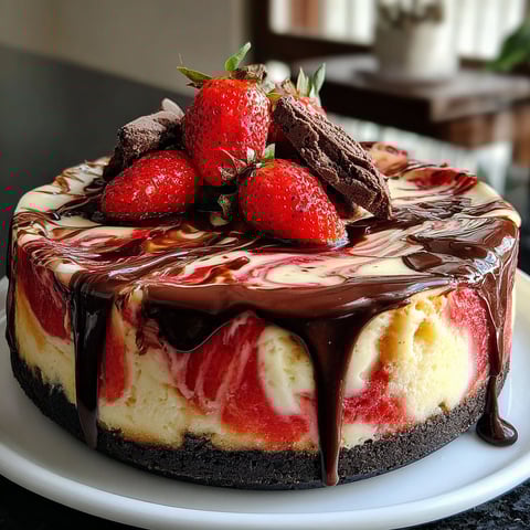 A slice of cake with strawberries and chocolate.