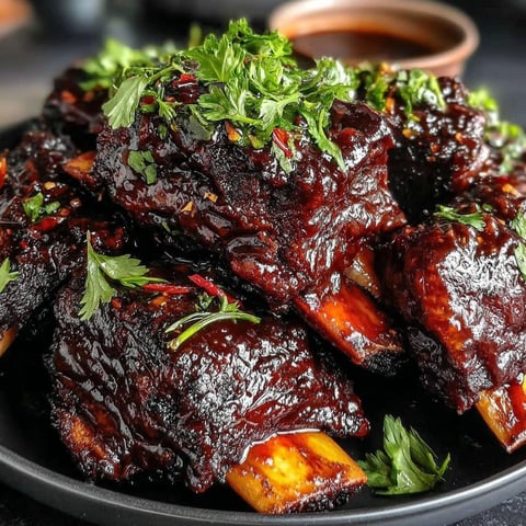 A plate of ribs with a sauce on top.