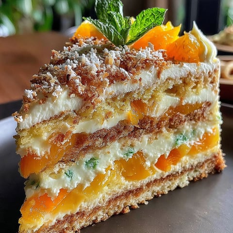 A slice of cake with a green leaf on top.