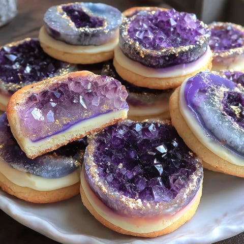 A plate of cookies with purple icing and gold sprinkles.