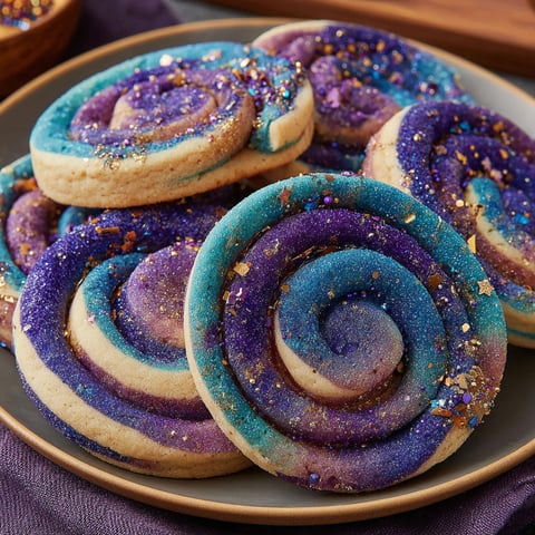 A plate of cookies with purple and blue frosting.