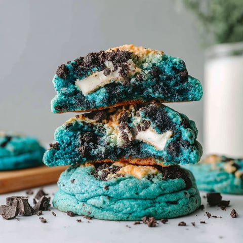 A stack of blue cookies with white frosting.