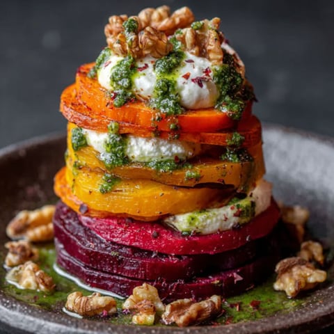 A stack of vegetables with a white sauce on top.