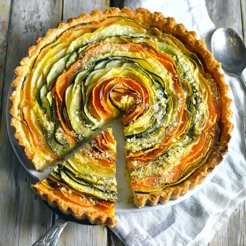 A slice of a vegetable pie.
